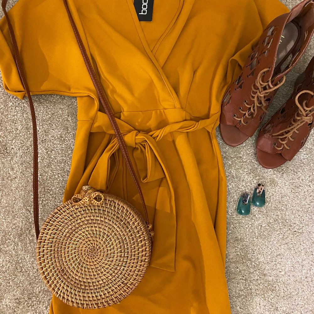 Mustard Wrap Over Belted Dress